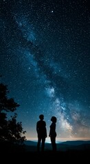 Fototapeta premium Photo of Couple Silhouettes Watching the Stunning Milky Way in the Night Sky