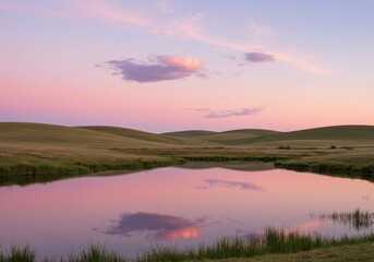 Photo of a Peaceful Sunset Over a Lake Reflecting Pink Sky and Clouds