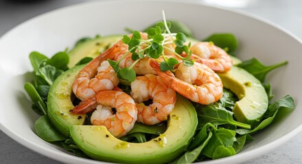 Photo of a Shrimp Salad with Avocado and Microgreens in a White Bowl