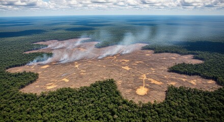 Aerial view of deforestation and burning in the amazon rainforest environmental destruction and impact