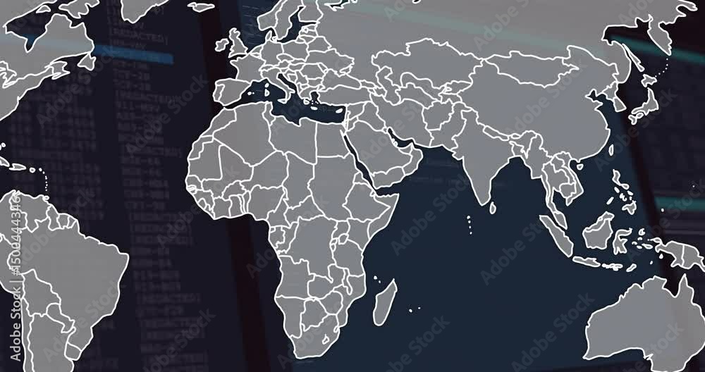 Poster map flickering into view white lines tracing borders and code rising showing digital interface