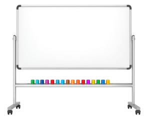 Large whiteboard with sleek silver frame and colorful markers arranged neatly at bottom, perfect for brainstorming and presentations. This setup invites creativity and collaboration