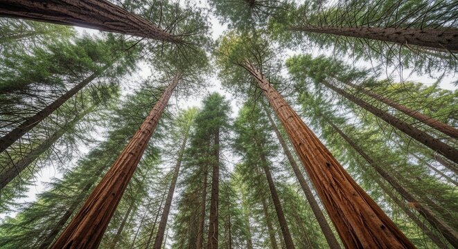 Looking up at redwood trees in forest with green canopy and blue sky nature photography view point travel
