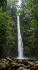 Photo of a Tall Waterfall Cascading Through Lush Green Forest and Rocks