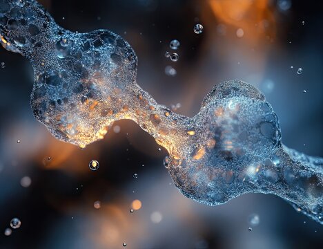 An abstract, bioluminescent, double-helix structure floats in a dark, nebula-like background speckled with glowing orange and amber orbs. Tiny droplets surround the central form - Powered by Adobe