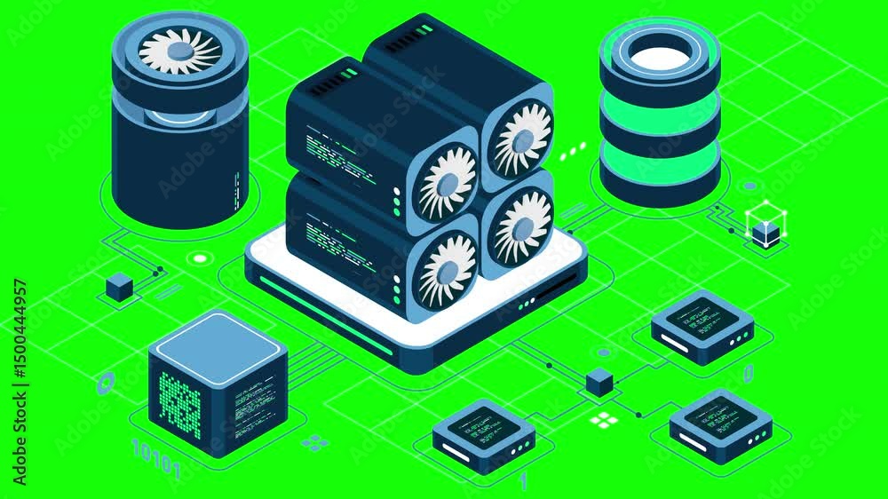 Poster isometric blockchain animation. isometric cryptocurrency. platform creation of digital currency. big