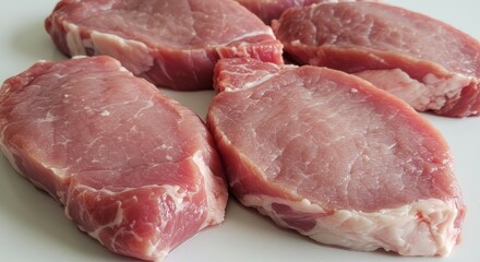 Photo of Fresh Raw Pork Meat Cuts With Pink And Red Hues on White Background