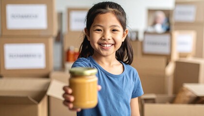 Girl donates food with charity center.
