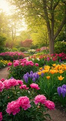 Photo of a Vibrant Garden Path Surrounded by Colorful Flowers and Trees in Sunlight