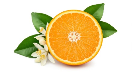 Photo Of Fresh Orange Slice With Green Leaves And White Blossoms