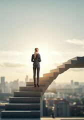 Photo of a Woman Climbing Concrete Stairs Towards Cityscape on a Sunny Day