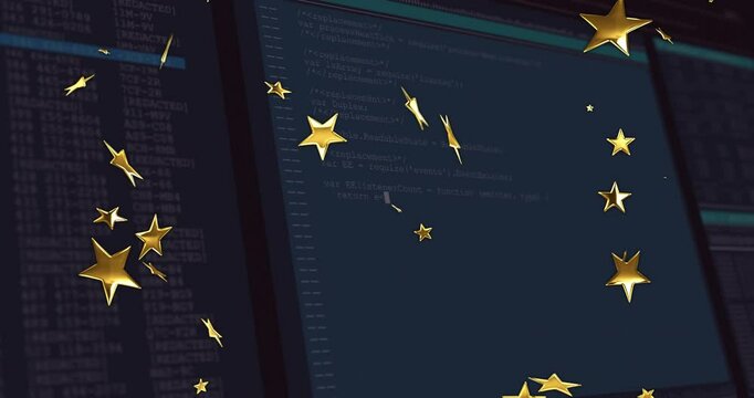 Opening showing stars scattering revealing monitor split-screen code particles drifting for depth