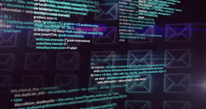 Fading in colored code lines over mail grid, scrolling functions, forms showing code interface