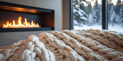 Obraz premium Warm knitted throw blanket close to contemporary fireplace with bright burning fire, creating cozy interior decor and comfortable winter atmosphere with outdoor snowy forest background view