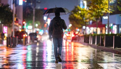 Man walking in city rain at night.