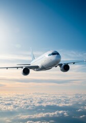 Obraz premium Photo of Airplane Flying Above Cloudscape With Blue Sky and Sunlight