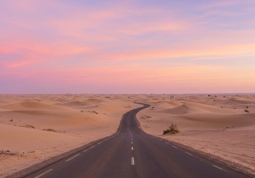 Photo of Asphalt Road Winding Through Desert Landscape Under Sunset Sky