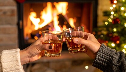 Couple toasting by fireplace with Christmas.