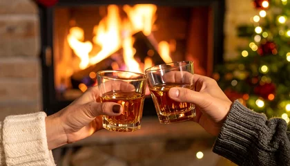 Zelfklevend Fotobehang Couple toasting by fireplace with Christmas. © Hafidz