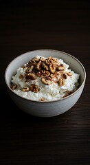 Cottage cheese with walnuts and cinnamon. High-protein bedtime snack, muscle recovery, slow-digesting casein