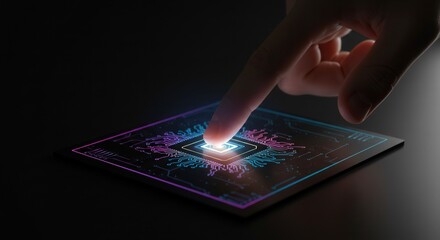 Finger touching futuristic technology interface ai chip digital interaction hologram display