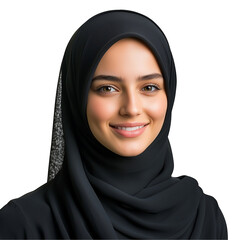 Naklejka premium Portrait of a smiling woman wearing a black hijab against a plain black background in a studio shot