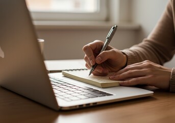 Fototapeta premium Photo of Person's Hands Writing on a Notebook Beside a Laptop