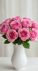 Fototapeta premium Photo Of Pink Roses In White Vase On Wooden Table with White Background