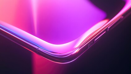 Close-up of a phone's curved edge, vibrant pink and purple neon lights illuminating the glass
