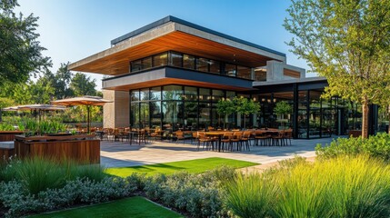 Fototapeta premium modern architectural design showcasing a restaurant exterior surrounded by lush green landscaping creating a serene dining atmosphere and inviting open space with patio