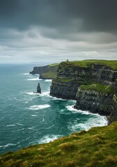 Photo of Rugged Cliffside Along the Atlantic Ocean with Green Lush and Dramatic Skies