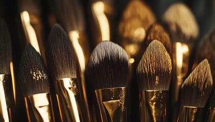 Golden Makeup Brushes Closeup.