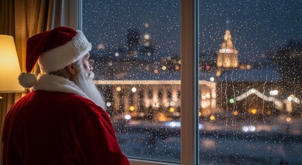 Obraz premium Photo Of Santa Claus Looking Out Of Window At Night Cityscape With Snow