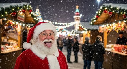 Photo Of Santa Claus Smiling With Snow Falling at a Christmas Market