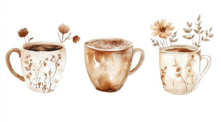 Watercolor coffee cups with floral and leaf details