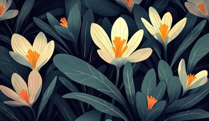 Whitish crocus blossoms in dark foliage