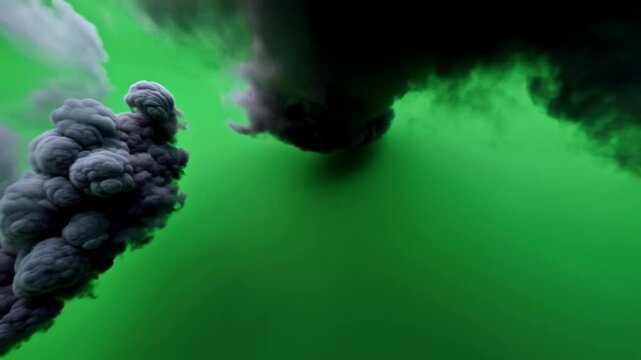 Dark, ominous clouds swirl into a vortex formation, creating a dramatic and suspenseful scene against a solid green screen backdrop, ideal for compositing and visual effects