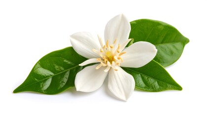 Obraz premium White flower with green leaves, and isolated.