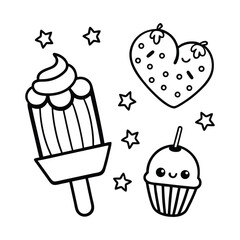 "Cute Doodle of Ice Cream, Strawberry Heart, and Cupcake with Stars"