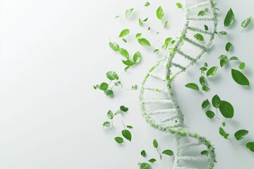 White DNA helix surrounded by scattered green leaves on a light background