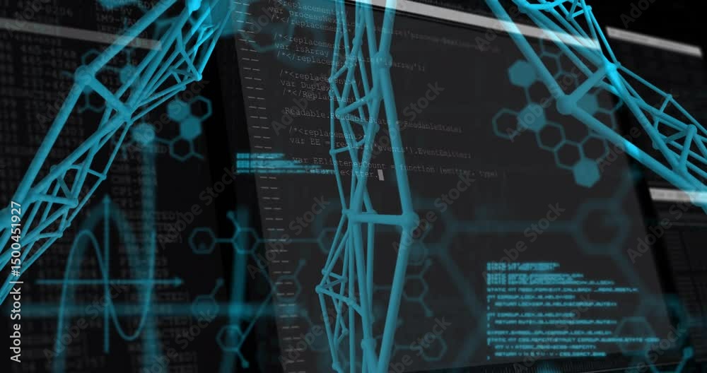 Poster On opening cyan network rotating across frame as code scrolling, hexagons pulsing showing data flow