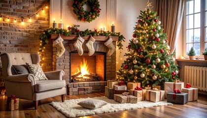 Cozy Christmas living room fireplace.