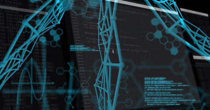 On opening cyan network rotating across frame as code scrolling, hexagons pulsing showing data flow