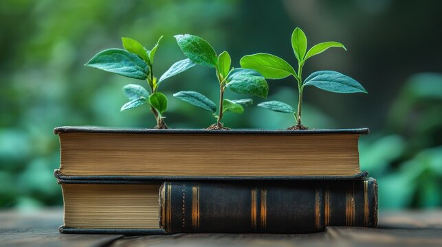 cultivating knowledge new life sprouting from antique books metaphor for growth and learning against a blurred green background depicting sustainability and wisdom with literary foundation