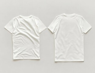 Two blank white t-shirts, back and front views, on light gray background