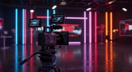 Recording an interview on camera in a television studio with a blurred background, demonstrating media technologies. Creation of a conceptual television studio