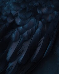 Obraz premium Close-up of dark, overlapping feathers, showing intricate texture and subtle variations in deep blue-black hues; a moody, almost shadowed image
