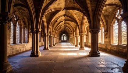 Fototapeta premium Gothic Cloister Sunlight Architecture.