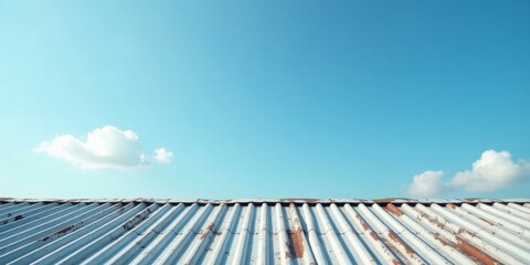 Rustic Corrugated Metal Roofline Against a Serene Blue Sky with Fluffy Clouds