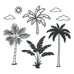 Artistic Tropical Tree Collection with Silhouette and Outline Style for Island and Jungle Design